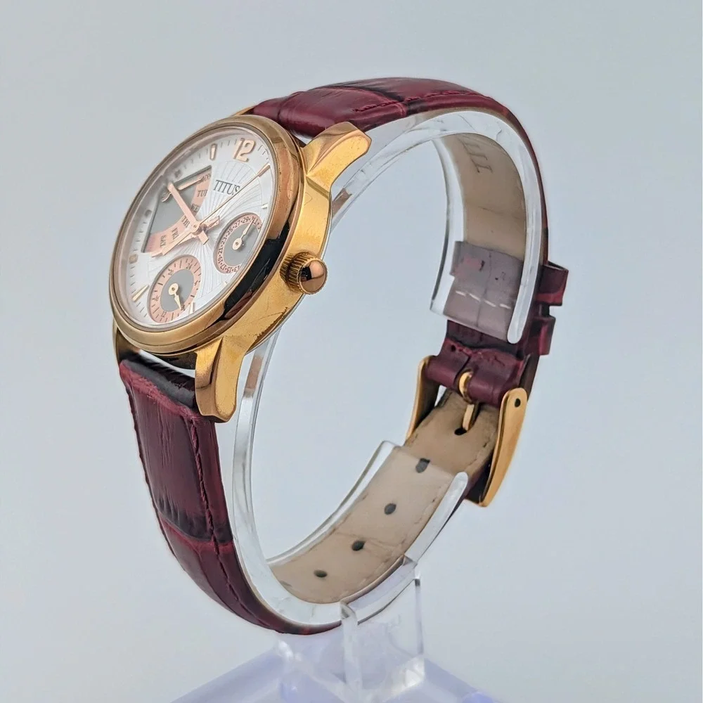 Titus Retrograde Multifunction Rose Gold Burgundy Leather Women's Watch 29mm